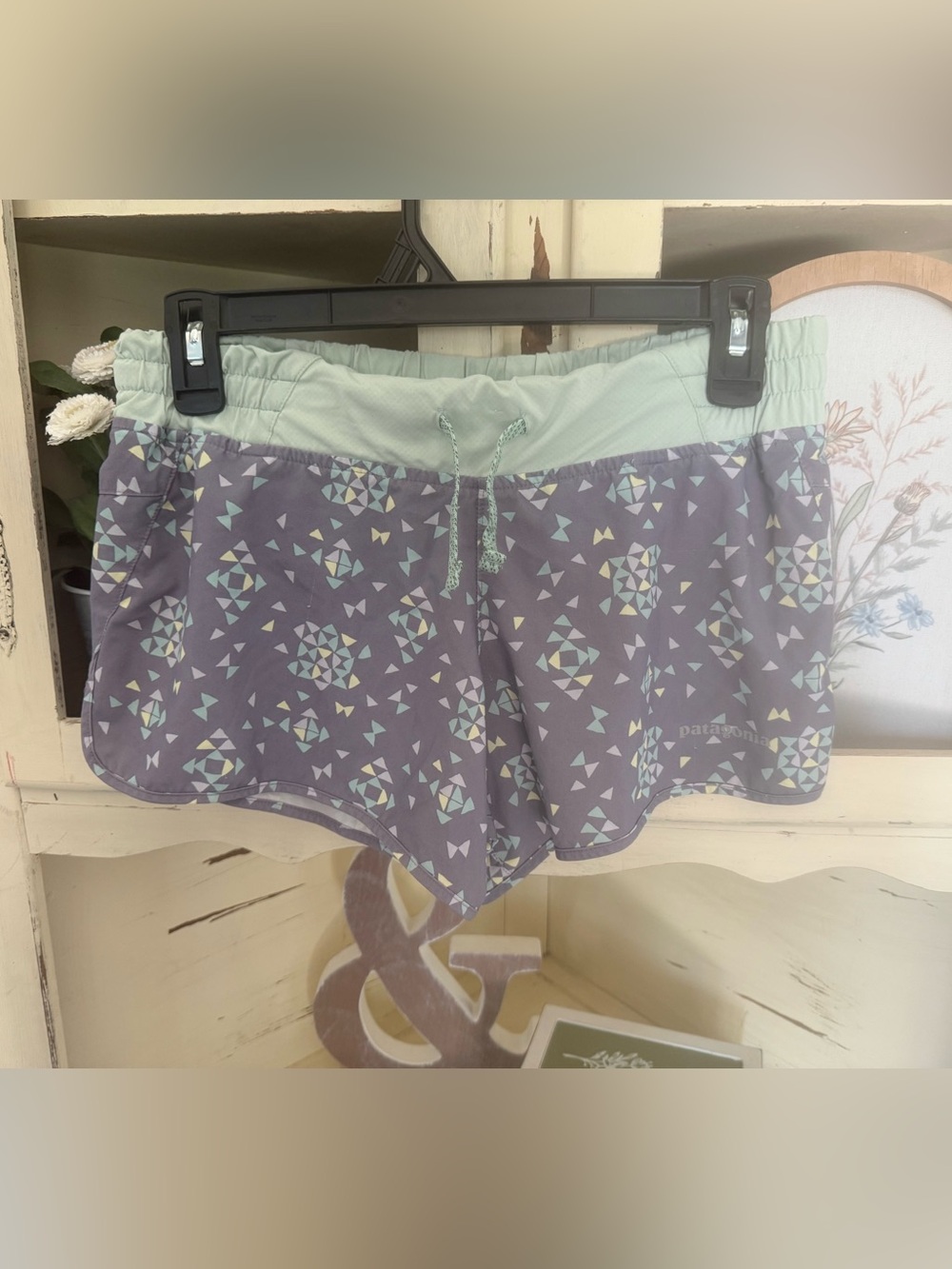 Patagonia Gray Shorts with Mint Waistband and Geometric Print